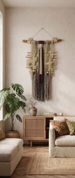 Handcrafted Woven Macrame Cotton Wall Hanging, 60 × 115 cm, Beige/Olive Green - Image 3