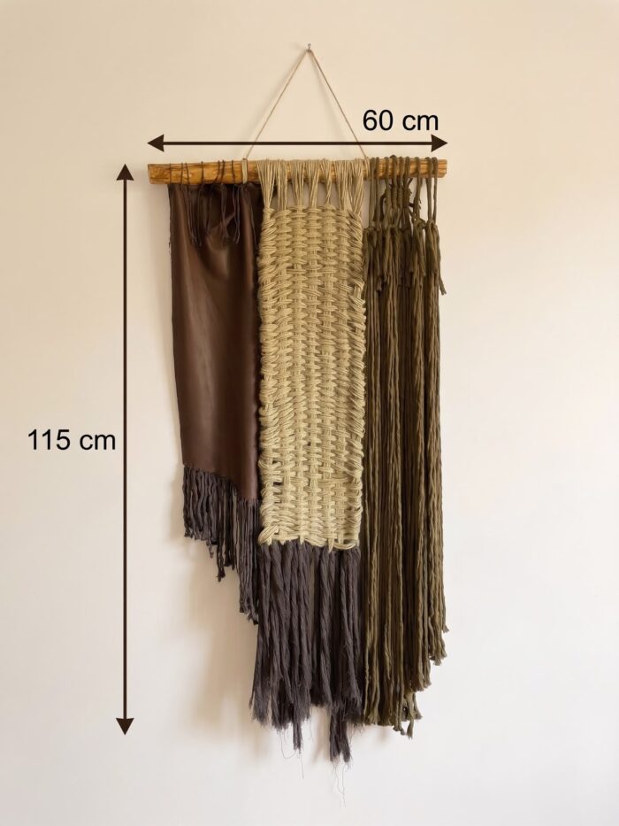 Boho Macrame Woven Panel Wooden Wall Hanging, 60 × 115 cm, Beige/Brown - Image 1
