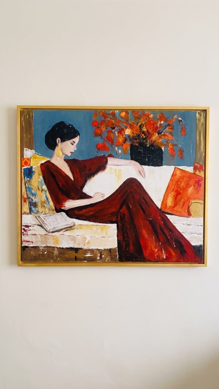 Elegant Woman Portrait Acrylic Painting, 125 × 105 cm, [red] - Image 1