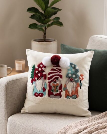 Tufted Gnome Pattern Cotton Cushion, 45 × 45 cm, Multicolor