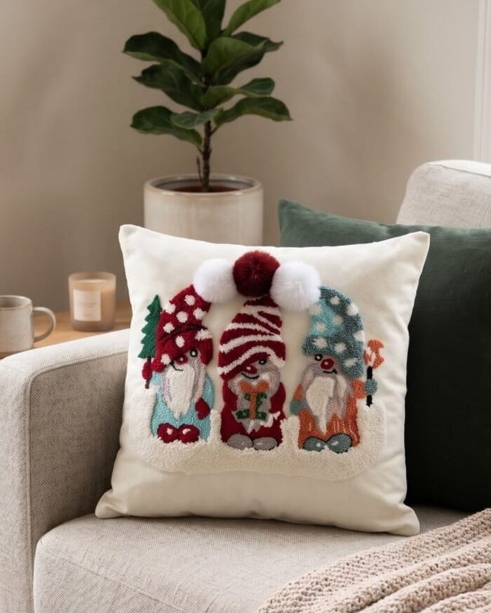 Tufted Gnome Pattern Cotton Cushion, 45 × 45 cm, Multicolor - Image 1