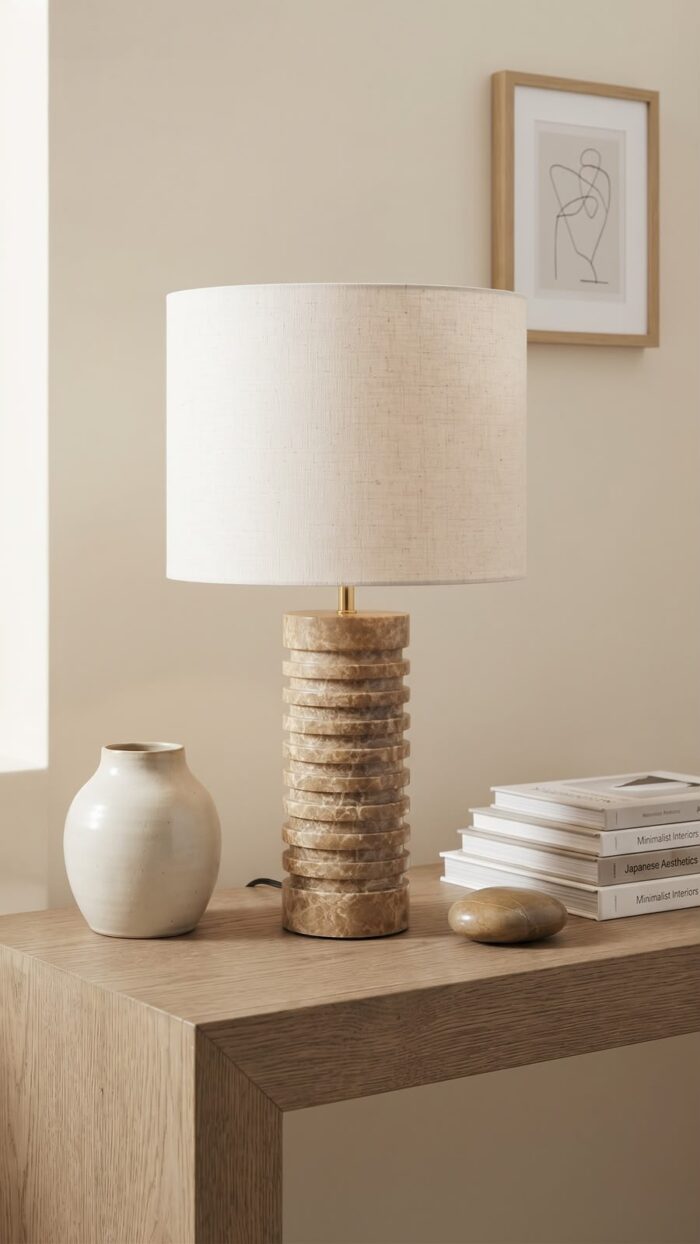 Ribbed Marble Table Lamp, 60 cm, Brown/Off-White - Image 3