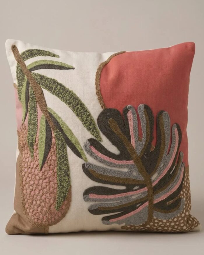 Botanical Embroidered Cotton Cushion, 45 × 45 cm, Multicolor - Image 2