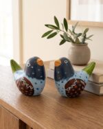 Hand-Painted Speckled Pottery Figurine Set of 2 for Tabletop, 12 × 10 cm, Blue/Brown - Image 4