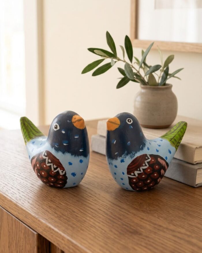 Hand-Painted Speckled Pottery Figurine Set of 2 for Tabletop, 12 × 10 cm, Blue/Brown - Image 4