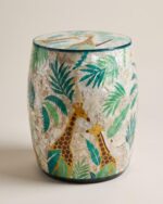 Dual-Sided Giraffe  and Palm Tree Inlay Wooden Stool or Table, 40 × 55 cm, yellow and green - Image 2