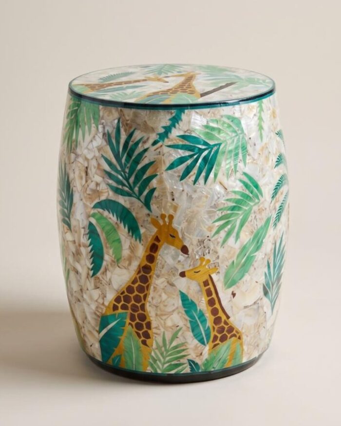Dual-Sided Giraffe  and Palm Tree Inlay Wooden Stool or Table, 40 × 55 cm, yellow and green - Image 2