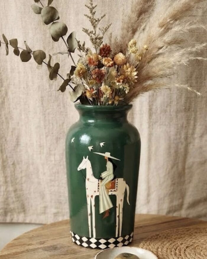The  Equestrian Tale Green Hand painted Pottery vase - Image 3