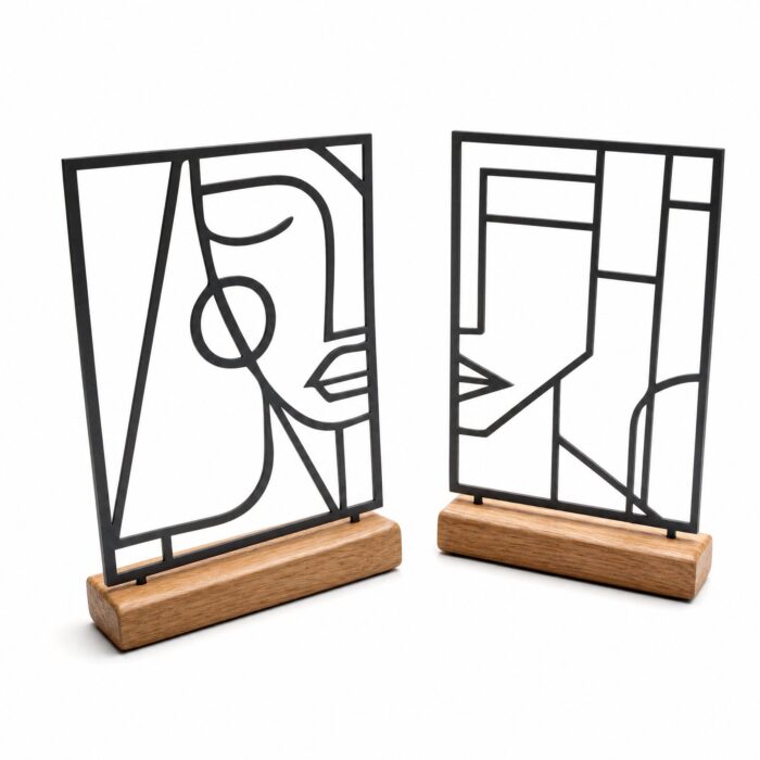 Abstract Face Line Art Metal Table Sculptures on Wooden Base on a white background