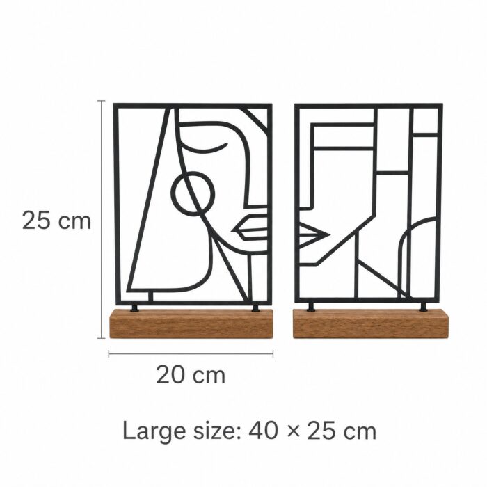Abstract Face Line Art Metal Table Sculptures on Wooden Base dimensions