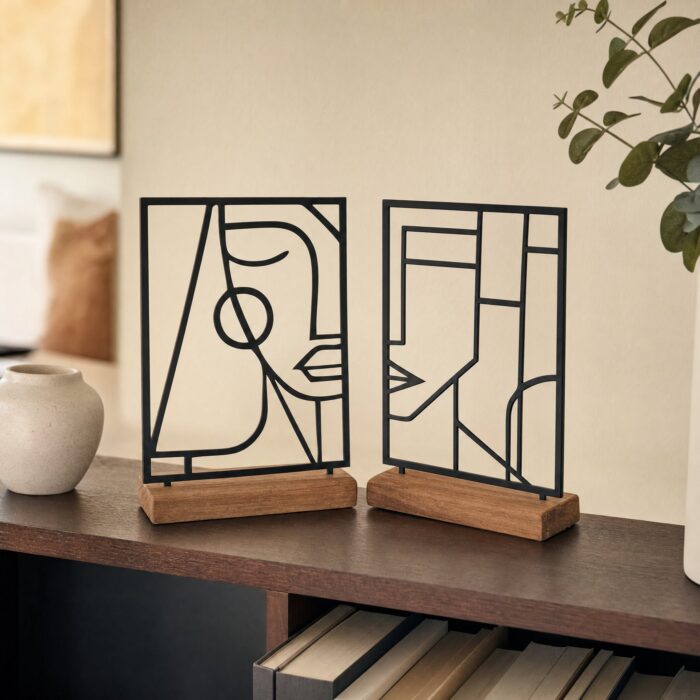 Abstract Face Line Art Metal Table Sculptures on Wooden Base in a living space