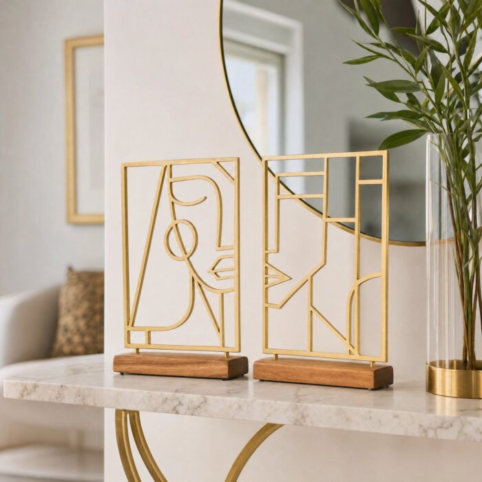 Abstract Face Line Art Metal Table Sculptures on Wooden Base styled at home