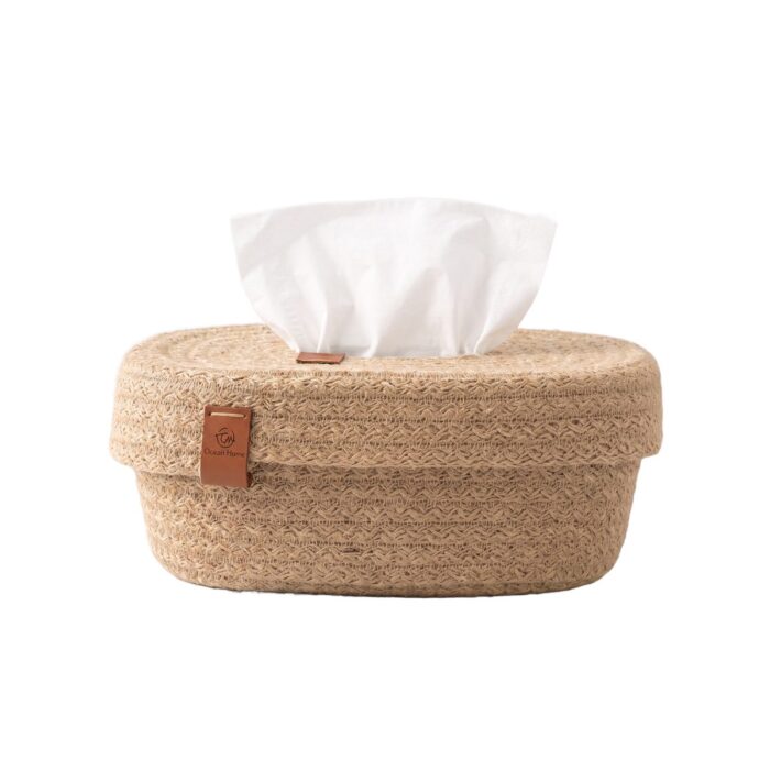 Knitted Jute Tissue Box for Tabletop, 21 × 16.5 × 10.5 cm, Beige - Image 5
