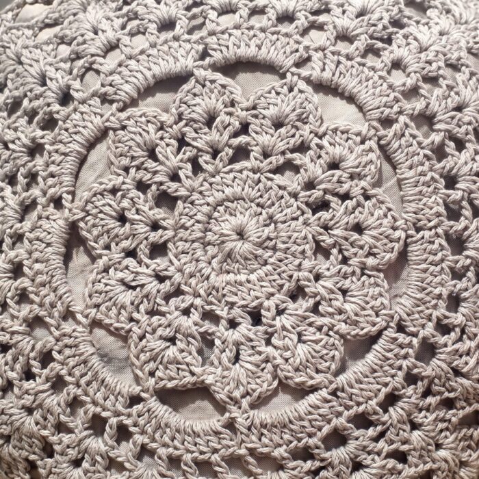 Hand-Crocheted Mandala Cotton Cushion with Filler, 40 cm, Grey - Image 3