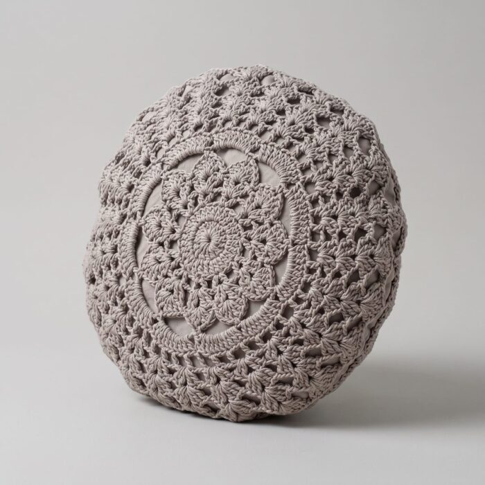 Hand-Crocheted Mandala Cotton Cushion with Filler, 40 cm, Grey - Image 4