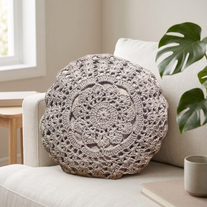 Hand-Crocheted Mandala Cotton Cushion with Filler, 40 cm, Grey - Image 5