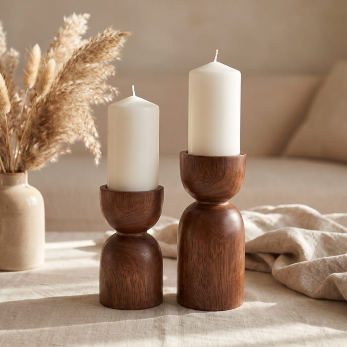 Wooden Candle Holder Set of 2 for Tabletop, 16 cm, 12 cm - Image 3