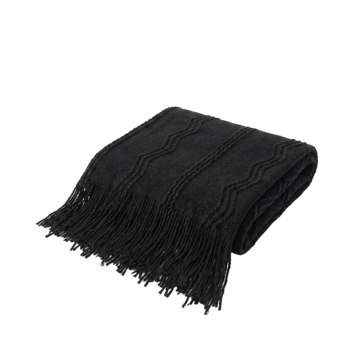 Wave Pattern Knitted Blanket, 110 × 180 cm, Black - Image 4