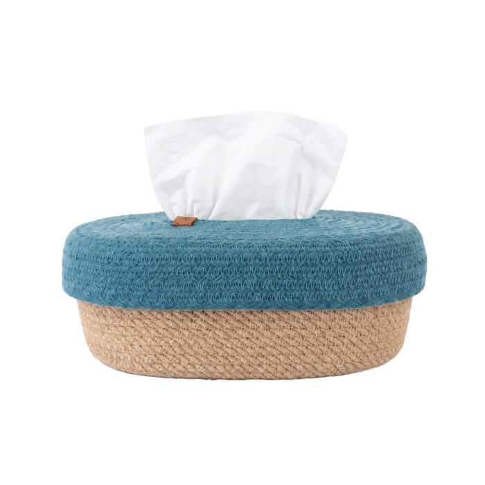 Woven Jute & Cotton Tissue Box Cover, Teal/Natural - Image 3