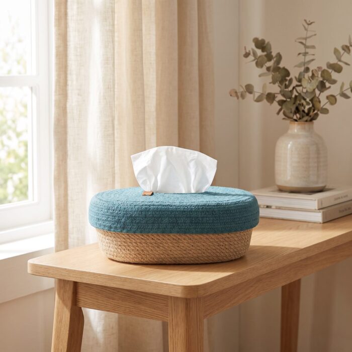 Woven Jute & Cotton Tissue Box Cover, Teal/Natural - Image 4