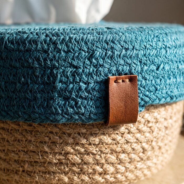 Woven Jute & Cotton Tissue Box Cover, Teal/Natural - Image 5