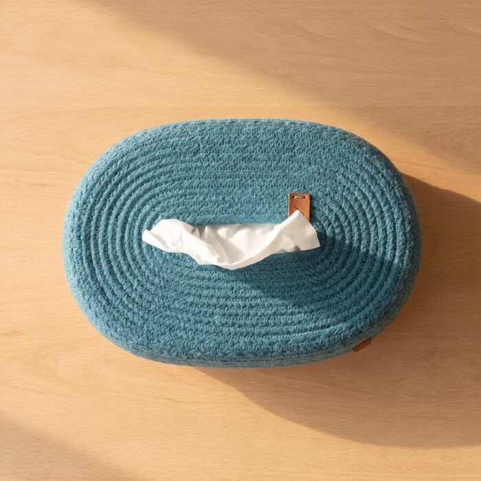 Woven Jute & Cotton Tissue Box Cover, Teal/Natural - Image 6