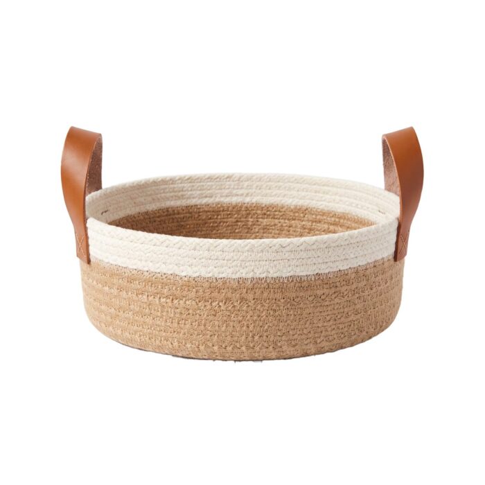 Cotton Storage Basket for Laundry & Toys, 25 cm diameter × 10 cm height, Beige/White - Image 3