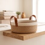 Cotton Storage Basket for Laundry & Toys, 25 cm diameter × 10 cm height, Beige/White - Image 4