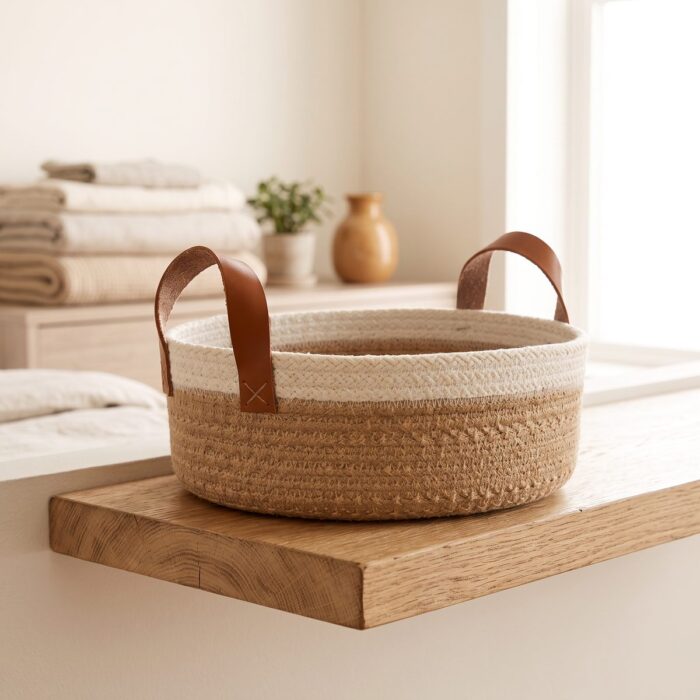 Cotton Storage Basket for Laundry & Toys, 25 cm diameter × 10 cm height, Beige/White - Image 4