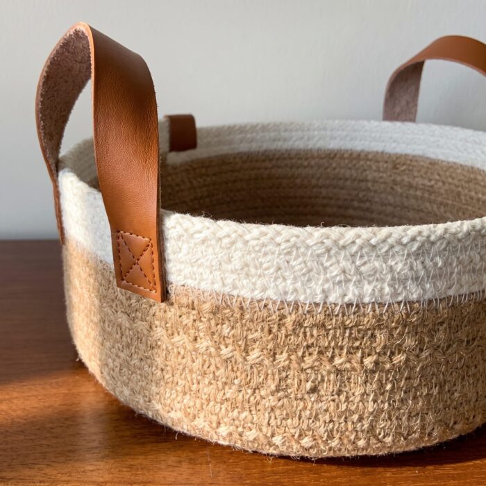 Cotton Storage Basket for Laundry & Toys, 25 cm diameter × 10 cm height, Beige/White - Image 5