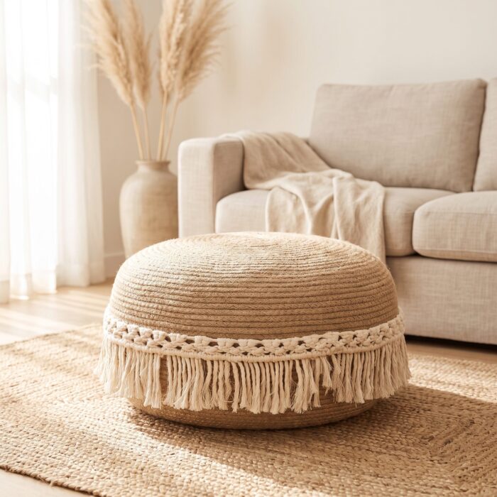 Macrame Jute Pouf, 60 cm diameter, Beige - Image 5