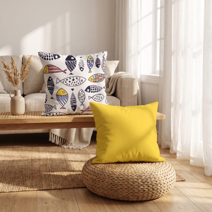 Hand-Drawn Fish Pattern Polyester Cushion Set of 2, 45 × 45 cm, Yellow - Image 10