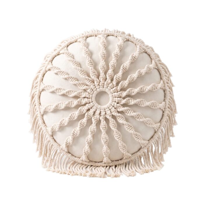 Macrame Round Cotton Cushion, 40 cm, White - Image 3