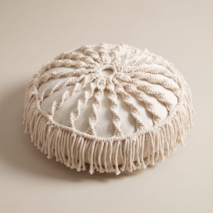 Macrame Round Cotton Cushion, 40 cm, White - Image 4
