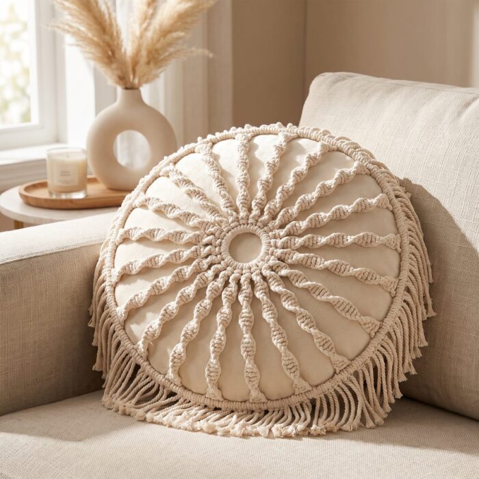 Macrame Round Cotton Cushion, 40 cm, White - Image 5
