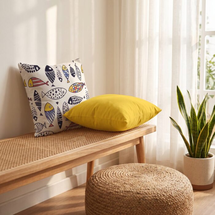 Hand-Drawn Fish Pattern Polyester Cushion Set of 2, 45 × 45 cm, Yellow - Image 15