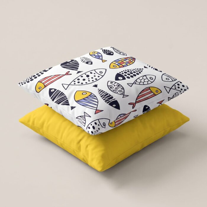 Hand-Drawn Fish Pattern Polyester Cushion Set of 2, 45 × 45 cm, Yellow - Image 17