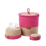 Jute Circle Jute Tissue Box with Storage Basket & 4 Coasters, 25 × 12 cm, Green/Beige - Image 3