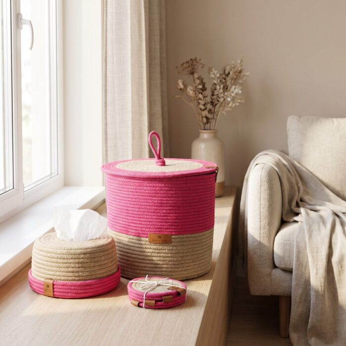Jute Circle Jute Tissue Box with Storage Basket & 4 Coasters, 25 × 12 cm, Green/Beige - Image 4