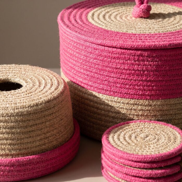 Jute Circle Jute Tissue Box with Storage Basket & 4 Coasters, 25 × 12 cm, Green/Beige - Image 5