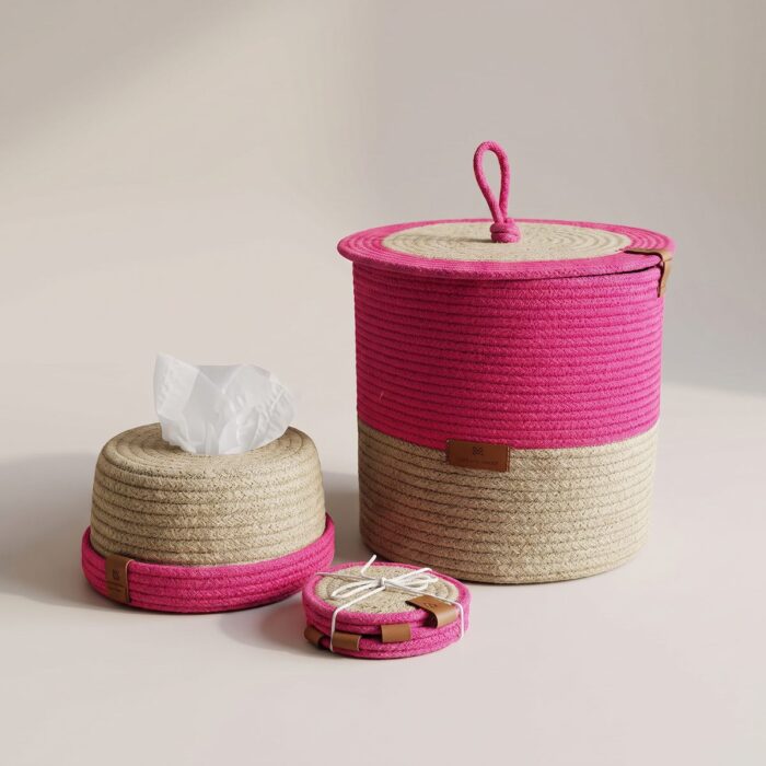 Jute Circle Jute Tissue Box with Storage Basket & 4 Coasters, 25 × 12 cm, Green/Beige - Image 6