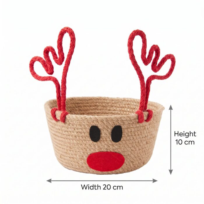Christmas Deer Motif Jute & Cotton Rope Basket for Holiday Treats & Gifts, 20 cm diameter × 10 cm height, 25 cm diameter × 10 cm height, Red - Image 5
