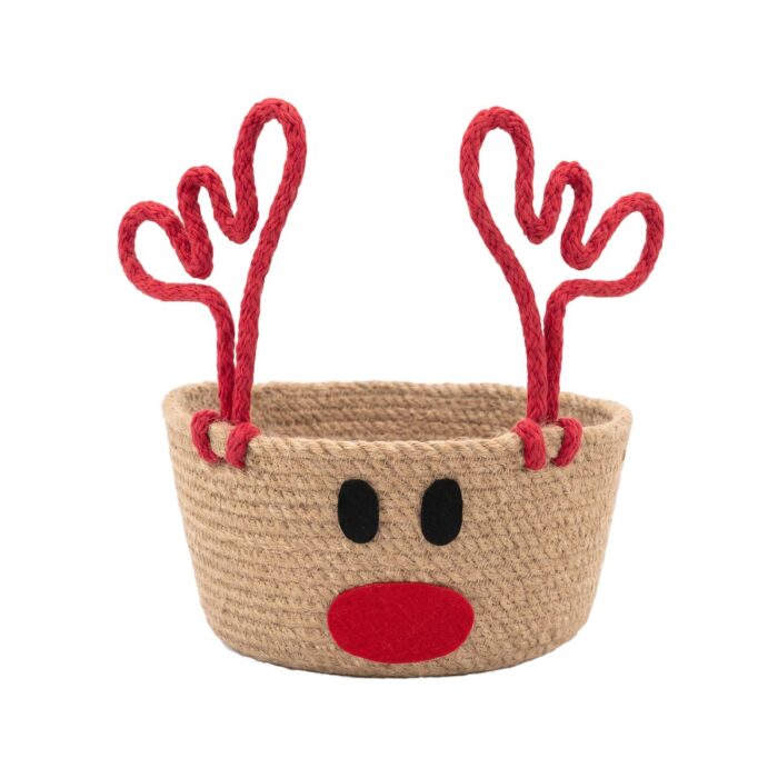 Christmas Deer Motif Jute & Cotton Rope Basket for Holiday Treats & Gifts, 20 cm diameter × 10 cm height, 25 cm diameter × 10 cm height, Red - Image 6