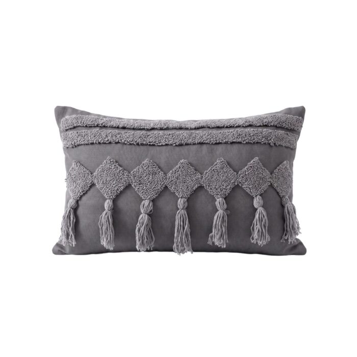 Geometric Tufted Tassel Cotton Cushion with Filler, 50 × 30 cm, Grey - Image 3