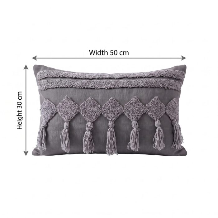 Geometric Tufted Tassel Cotton Cushion with Filler, 50 × 30 cm, Grey - Image 4