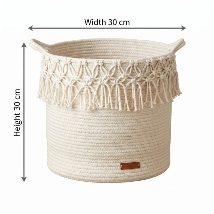 Macrame Jute Storage Basket for Laundry & Toys, 30 × 30 cm, Off-white/Beige - Image 4