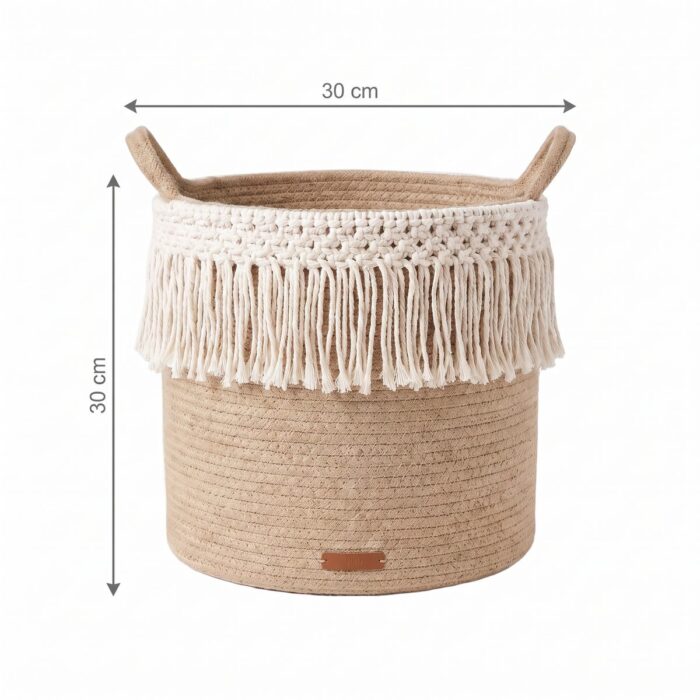 Macrame Jute Storage Basket for Laundry & Toys, 30 × 30 cm, Off-white/Beige - Image 5
