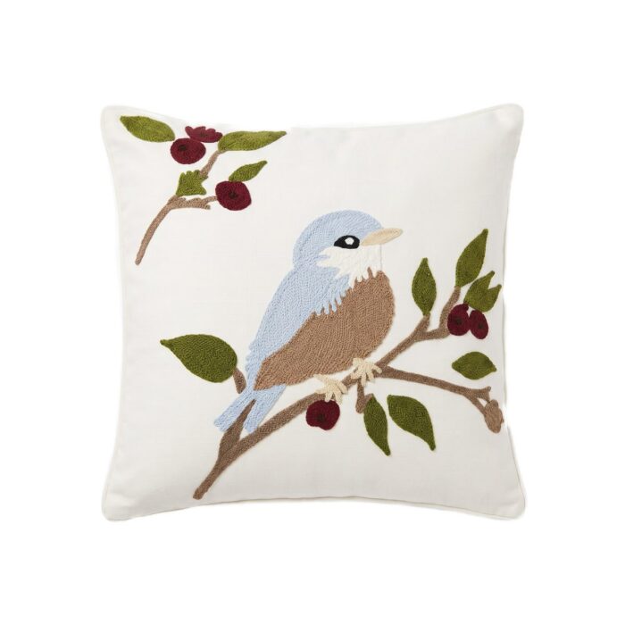 Punch Needle Bird Embroidery Cotton Cushion, 45 × 45 cm, Natural/Multicolor - Image 3