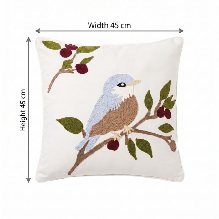 Punch Needle Bird Embroidery Cotton Cushion, 45 × 45 cm, Natural/Multicolor - Image 4