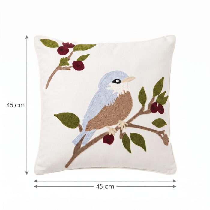 Punch Needle Bird Embroidery Cotton Cushion, 45 × 45 cm, Natural/Multicolor - Image 5